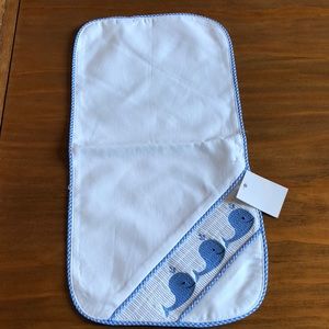 Smocked blue/white whale burp cloth